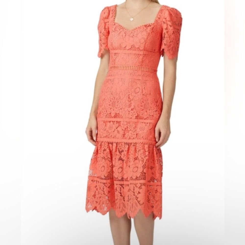 Saylor Louisa Lace crochet Midi short sleeve sweetheart Dress Coral pink Size S